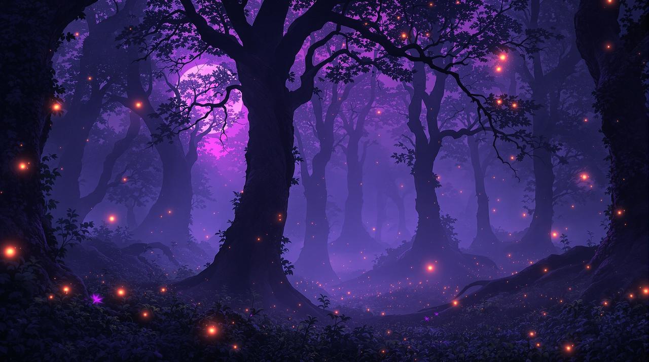 网络短剧 - 微光点亮长夜的剧场，萤火虫飞舞的梦幻森林夜景